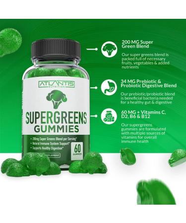 Atlantis Nutrition Supergreens Gummies - Daily Green Superfoods Supplement with Spinach Broccoli Moringa Beet Root Celery Green Tea & Acai for Immunity Support - Natural Raspberry Flavor 60 cnt 60 Count (Pack of 1) - Buy Online on GoSupps.com