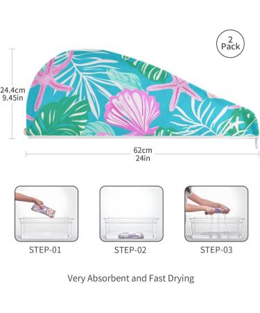 Pink Shell Green Leaf Hair Towel 2 Pack | Super Absorbent Quick Dry Hair Turbans for Women & Girls - Buy Online on GoSupps.com