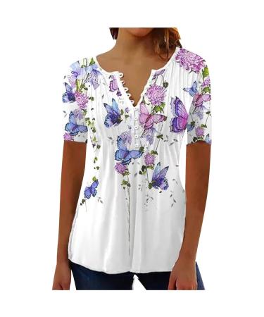 Button Down Shirts for Women Short Sleeve Tunic Loose Fit Floral Blouses Trendy V Neck Summer Tops Dressy Casual Tees B-white Medium