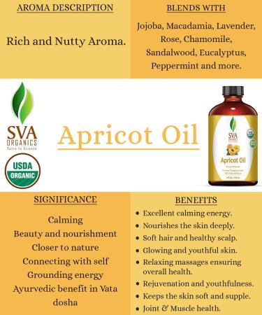 SVA ORGANICS Apricot Oil 4 Oz - USDA Organic, 100% Pure Cold Pressed Carrier Oil for Skin, Hair, Body - Premium Therapeutic Grade Oil - Buy Online on GoSupps.com