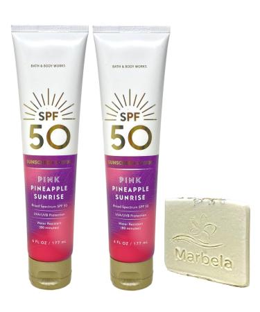 Bath & Body Works Pink Pineapple Sunrise 2 Pack 50 SPF Sunscreen Lotion Set with a Natural Oats Sample Soap