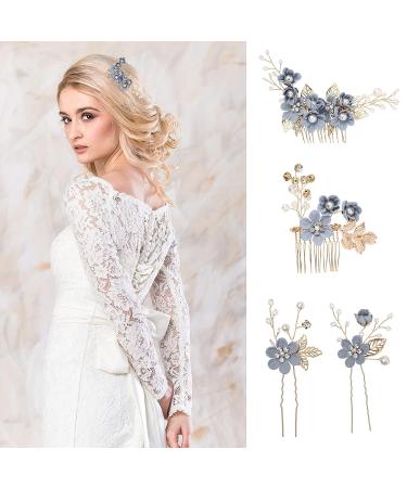NUOBESTY 4pcs Blue Wedding Bridal Hair Comb Set - Handmade Rhinestone Headpieces & Accessories - Buy Online on GoSupps.com
