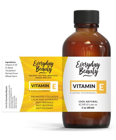 Pure Vitamin E Oil for Scars- D-Alpha Tocopherol 100% Pure & All Natural 2oz 42,500 IU per oz - Not a Blend, Thick, Amber Color, Nutty Aroma - From Wheat Germ - Face Body Hair - DIY Cosmetics & After Surgery Scars 2 Fl Oz …