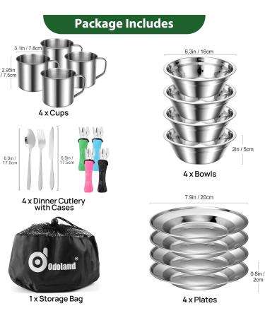 Odoland 25pcs Stainless Steel Camping Tableware Kit for 4 | Utensils, Plates, Cups, Forks, Spoons & Knives | Ideal for Backpacking, Outdoor Camping, Hiking, and Picnics - Buy Online on GoSupps.com