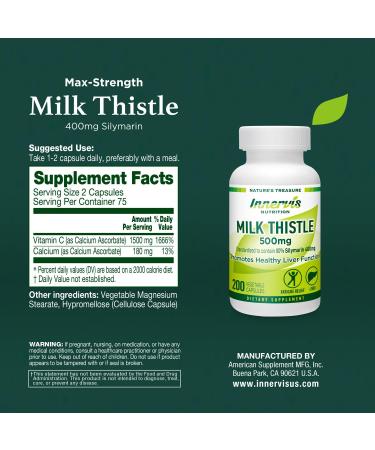 INNERVISNUTRITION Milk Thistle 500mg Liver Support & Detox, 400mg Silymarin, Extra Strength, 200 Veg Capsules - Buy Online on GoSupps.com