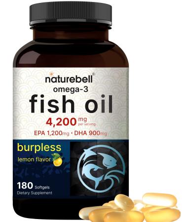 Omega 3 Fish Oil 4,200mg 180 Burpless Softgels Highly Purified EPA 1,200mg & DHA 900mg | Lemon Flavored | Premium Wild Caught Fish from Deep Sea Heart & Brain Support Mercury Free & Non-GMO