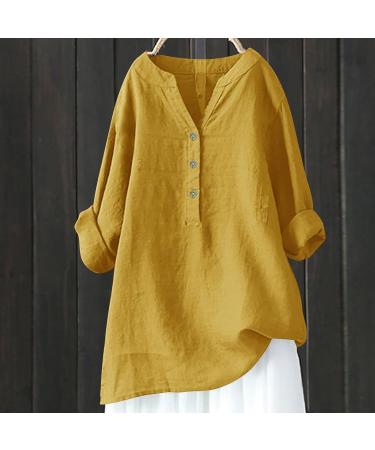 Women Cotton and Linen V Neck Short Sleeves Button Casual Loose Fit Tunic Tops Plus Size Vintage Tee Shirts Summer Business Office Work Blouse Tops 3070-qppoj-a-yellow XXL - Buy Online on GoSupps.com