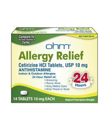 Ohm 24-Hour Allergy Medicine (14-Count) Antihistamine for Pollen Hay Fever Dry Itchy Eyes Allergies | Cetirizine HCl 10mg Tablets