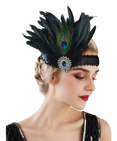 SWEETV 1920s Flapper Headband Vintage Sequins Feather Roaring 20s Great Gatsby Headpiece Hair Accessories  Black 0.2 Black