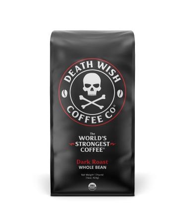 DEATH WISH Whole Bean Coffee Dark Roast - The World's Strongest Coffee Bean - USA Organic Coffee Beans Bundle/Bulk - Fair Trade Arabica & Robusta Coffee - Real Dark Roast Coffee Beans (16 oz) 1 Pound (Pack of 1) Dark Roast