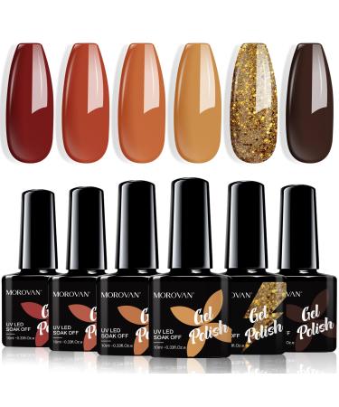 Morovan Gel Nail Polish Set: Glitter Orange Gold Dark Brown Gel Polish Set 6 Colors Autumn Nail Polish Gel Soak Off U V LED Nail Varnish Christmas Nail Art Manicure Gift Kit Sunset Boulevard