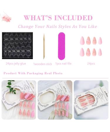 24PCS Medium Almond Flower Press on Nails - Pink Glossy False Nails with Glue | Spring Nail Decoration for Women - Buy Online on GoSupps.com