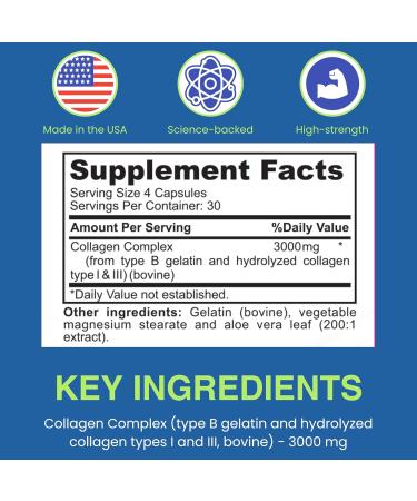 Sigma Biotics Collagen Peptides - Hydrolyzed Collagen Capsules for Hair Skin Nails and Joint Support - High-Strength Collagen Supplements with Type I & III - 3000 mg per Serving - 120 Pills - Buy Online on GoSupps.com