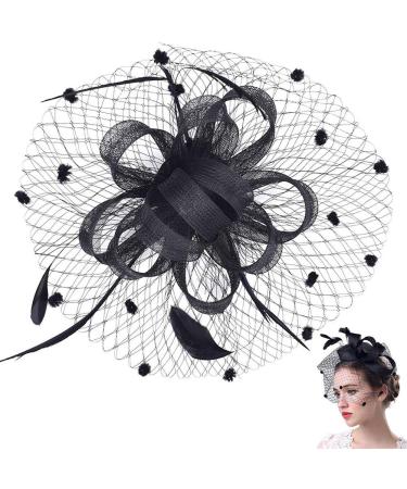 Hat Feather Mesh INTVN Ladies Elegant Feather Hair Clip Hat Wedding Cocktail Mesh Net Veil Headband (Black)