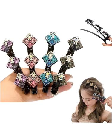 ZOADLE 4PCS Sparkling Crystal Stone Braided Hair Clips for Women  Hair Clips for Braids  Satin Fabric Hair Bands with 3 Small Clips  Rhinestones Duckbill Hairpin Triple Barrette for Sectioning Rhombus-4 PCS