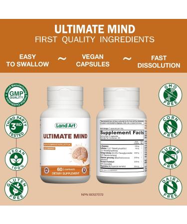 Ultimate Mind Brain Supplement Memory Focus Mental Sharpness Brain Booster Enhanced productivity 6 Ingredients: L-theanine Ginko Biloba Bacopa Monnieri Ginseng and more - 60 Capsules - Buy Online on GoSupps.com