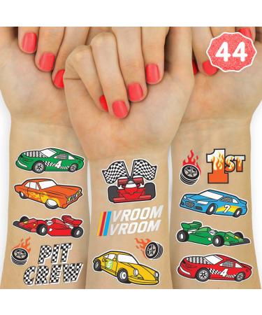 xo  Fetti Race Car Party Supplies Temporary Tattoos - 44 Glitter Styles | Racecar Birthday  Pit Crew  Checkered Flags  Vroom  Wheels