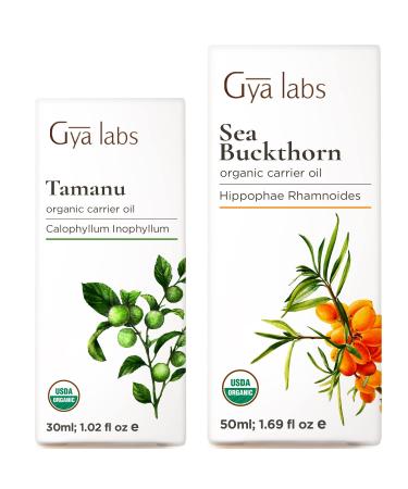 Gya Labs Organic Tamanu Oil for Skin (1 fl oz) & Sea Buckthorn Oil for Skin (1.69 fl oz) Set - Aromatherapy Grade Essential Oils Set