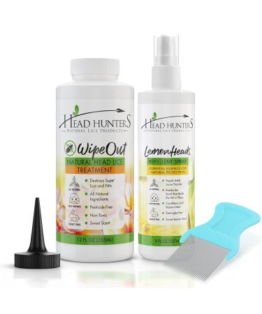 Head Hunters Basic Natural Lice Treatment Extra Strength Family Head Lice Shampoo Kit with Lice Repellent Spray & Lice Comb - Safe Non-Toxic Extremely Effective Hair & Head Lice Treatment Kit 8oz Spray + 12oz WipeOut + Comb Kit
