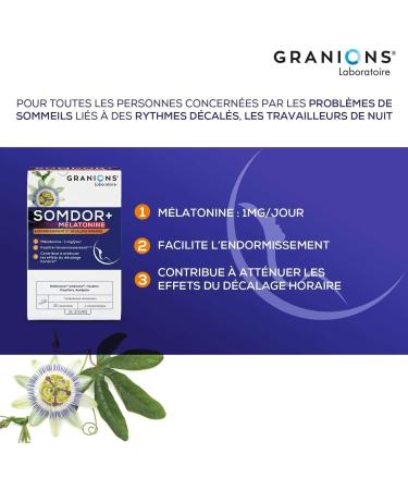 GRANIONS MELATONIN SOMDOR+ ADULT SLEEP - SLEEPING AND HOURLY OFFSET - Sleep and Relaxation - Melatonin 1mg - Valerian Hops Hawthorn Passionflower - 15 Tablets - Made in France - Buy Online on GoSupps.com