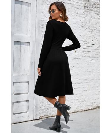 OUGES Women's Spring Casual Midi Dress with Long Sleeve V-Neck | Floral Wrap Dress with Pockets - XXL Black - Buy Online on GoSupps.com