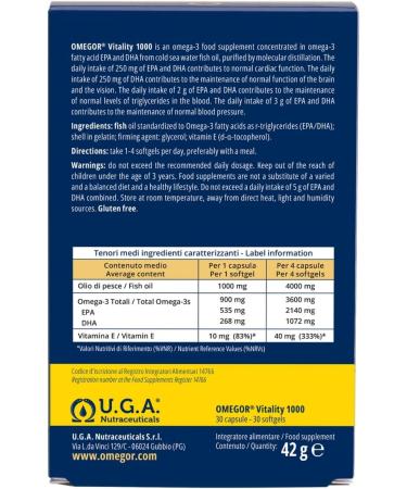 Omegor Vitality 1000 - 90% Omega 3 Triglyceride Dietary Supplement - With Vitamin E - Healthy Heart Vision and Brain - 30 Capsules - Buy Online on GoSupps.com