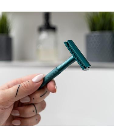 Anymale Plastic-Free Razor Plane Azure Edition - Eco-Friendly Wet Razor Set for Men & Women with Stand & 5 Astra Blades - Emerald Green - Buy Online on GoSupps.com