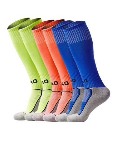 VANDIMI Soccer Socks for Kids Youth Adult (1/3/4/5 pairs) Team Sport Knee High Long Socks X-Small 3p -Green / Blue / Orange