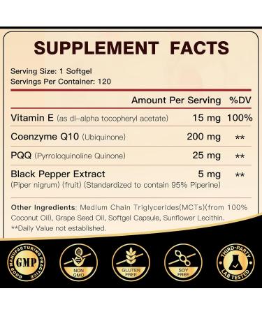 CoQ10 200mg Enhanced Absorption with Vitamin E PQQ & Black Pepper | Heart & Energy Support Supplement | 120 Servings - Buy Online on GoSupps.com