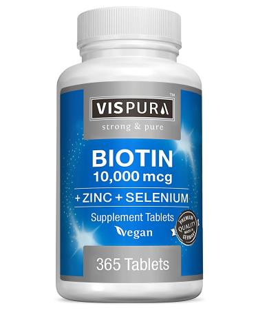 Biotin 10000 mcg + Zinc + Selenium, Pure, Vegan & Extra Strong, Best Supplement for Hair Growth, Glowing Skin, Strong Nails*, 365 Tablets for 12 Months, Natural Without Additives 365 Count (Pack of 1)