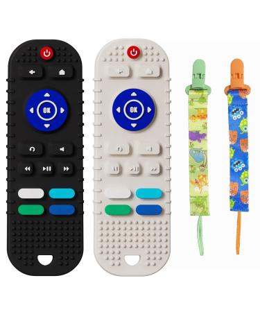Cuzlarmul Baby Teething Toys 2 Pack Soft Silicone Remote Control Shape Teething Toys for Babies 6-12 Months BPA Free Molar Teether Chew Toys for Infant Boys Girls Baby (Black & Beige)