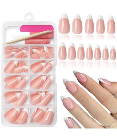 120Pcs White French Tip Press on Nails Almond Shape Fake Nails Full Cover Glossy Nude False Nails Acrylic Glue on Nails with 5 Sheets Adhesive Tabs for Women Girls Finger Nails Design Almond French