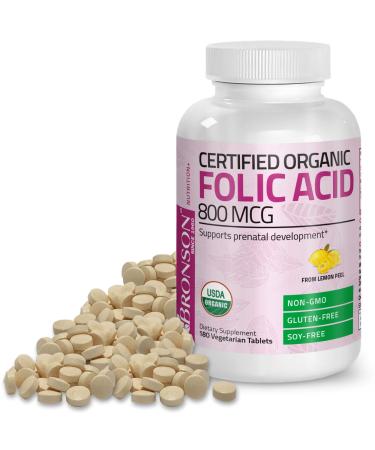 Bronson Organic Folic Acid (Vitamin B9 Folate) 800 mcg Natural Folate from Lemon Peel, 180 Tablets