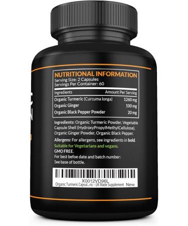 Organic Turmeric Capsules 1380mg with Black Pepper, Ginger - High Strength Formula with Active Curcumin - 120 Veg Capsules - Buy Online on GoSupps.com