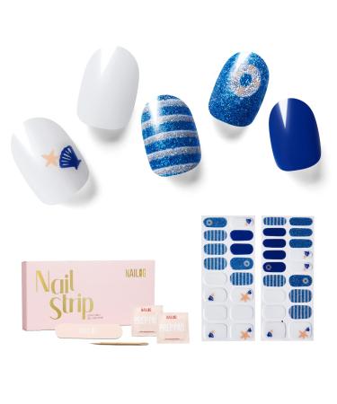 NAILOG Semi Cured Gel Nail Strips 34 pcs Salon-Quality Gel Nail Stickers Long Lasting Nail Wraps for Women with Soft Gel Finish Navy Blue & White Strip & Star Print Marine Story