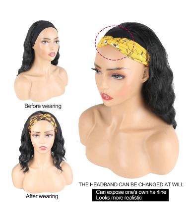 Oseti Short Curly Headband Wig for Black Women - 14 Inch Black Wavy Body Wave Bob Wig with Ice Silk Turban - Synthetic Headband Attached for Easy Styling - Buy Online on GoSupps.com