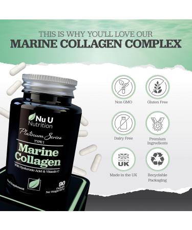 Marine Collagen with Hyaluronic Acid Vitamin C - 90 Hydrolyzed Capsules (not Tablets) - Premium High Strength Collagen Supplements for Women & Men - Type 1 Marine Collagen - Nu U Nutrition - Buy Online on GoSupps.com