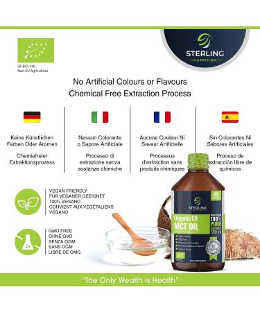 Organic Pure C8 MCT Oil - 100% Coconut - Boosts Ketones 3X - Keto & Bulletproof Coffee - Vegan - 500ml by Sterling Nutritionn - Buy Online on GoSupps.com