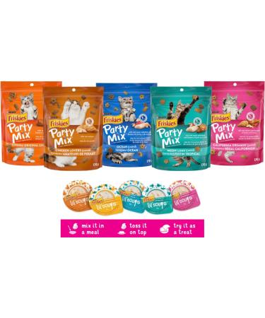 Friskies Party Mix Natural Seaside Crunch Cat Treats & Lil' Soups Wet Cat Food Complements Sockeye Salmon & Chicken Broth (4-Pack Variety) - Buy Online on GoSupps.com