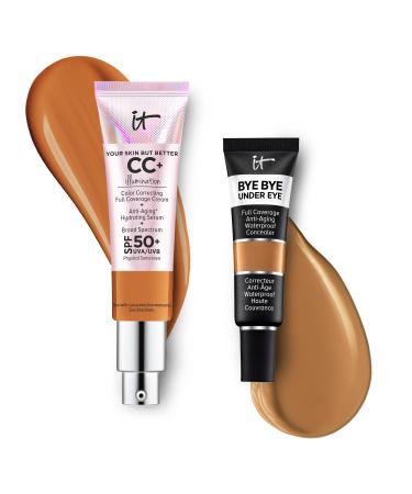 IT Cosmetics CC+ Cream Illumination with SPF 50+ Radiant Full Coverage Foundation (Rich - 1.08 fl oz) & Bye Bye Undereye Concealer Anti-Aging Makeup (35.0 Rich Amber - 0.4 fl oz)
