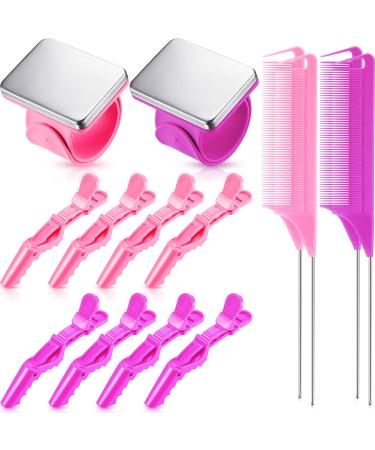 14 Pcs Hair Braiding Tool 2 Pieces Magnetic Pin Wristbandand 4 Pcs Braiding Comb for Parting with 8 Pcs Wide Teeth Alligator Sectioning Hair Clip for Hair Braid Tool Braid Maker (Purple  Pink)