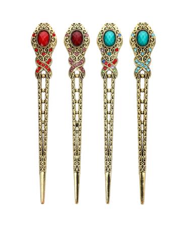 Lurrose Chinese hairstyle vintage hairpin hairstick antique rhinestone hair chopstick hairpise hairstock hairdress pin for women girls wedding chinese hemp costume cosplay 4 pieces