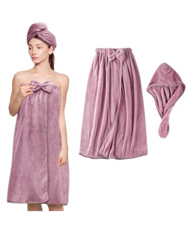 KOIKEY Women Microfiber Bath Towel Wrap - Adjustable Soft Body Wraps Dress with Hair Towel for Shower After Body and Head Cover, Super Absorbent to Quick Drying Hair and Body, Purple