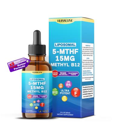 Liposomal 5-MTHF 15mg & Methyl B12 Liquid Drops 96mg per Serving Ultra Potent Raspberry Taste USA Made & Lab Tested 2 FL OZ (60ml) 60ml (pack of 1)