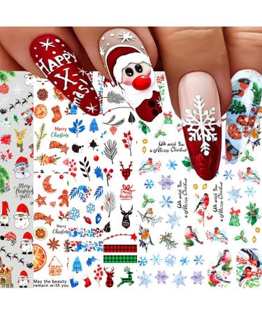 Christmas Nail Art Stickers, Snowflake Nail Decals 3D Self-adhesive Santa Claus Snowflake Snowman Bird Christmas Bell Tree Stick Elk Pattern Xmas Winter Nail Design for Christmas Nail Decoration(8Sheets)