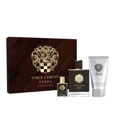 Vince Camuto Terra Extreme 3 PC Men's Gift Set Warm Woody Oriental Fragrance Christmas Gift for Him Includes Eau de Toilette 3.4 Fl Oz + Travel Size Mini 0.5 Fl Oz + 5 Fl Oz Hair & Body Wash