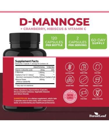 ForestLeaf D-Mannose Defense 1000mg with Cranberry, Hibiscus & Vitamin C - Urinary Tract Support - 120 Veggie Capsules - Buy Online on GoSupps.com