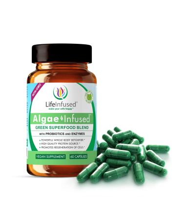 Life Infused Algae Infused - Premium Green Superfood Blend with Organic Blue-Green Algae (AFA) Spirulina Chlorella Probiotics & Enzyme for More Energy Digestion Detox & Immune Support: 60 Caps