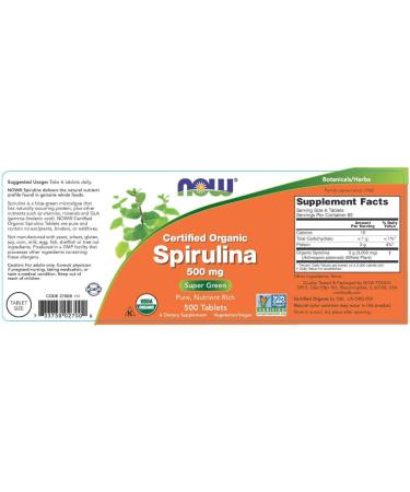 Buy Now Foods Certified Organic Spirulina 500 mg | 500 Tablets - Premium Quality Superfood - Buy Online on GoSupps.com