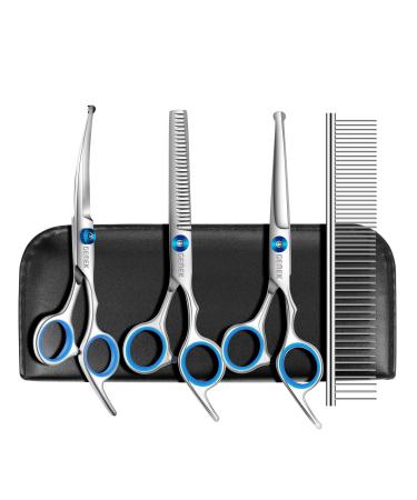 Gemek Professional care scissors for dogs with round safety peaks dog care scissors set - thinning out straight curved scissors and comb for long short hair for dog cat pet blue - Buy Online on GoSupps.com